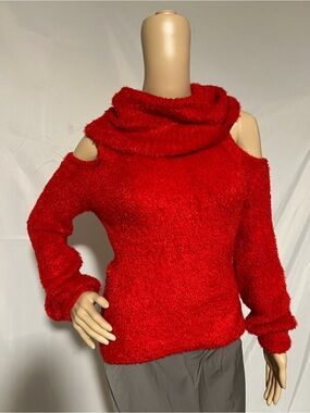 bebe Red Cold-Shoulder Fuzzy Cowl Neck Sweater